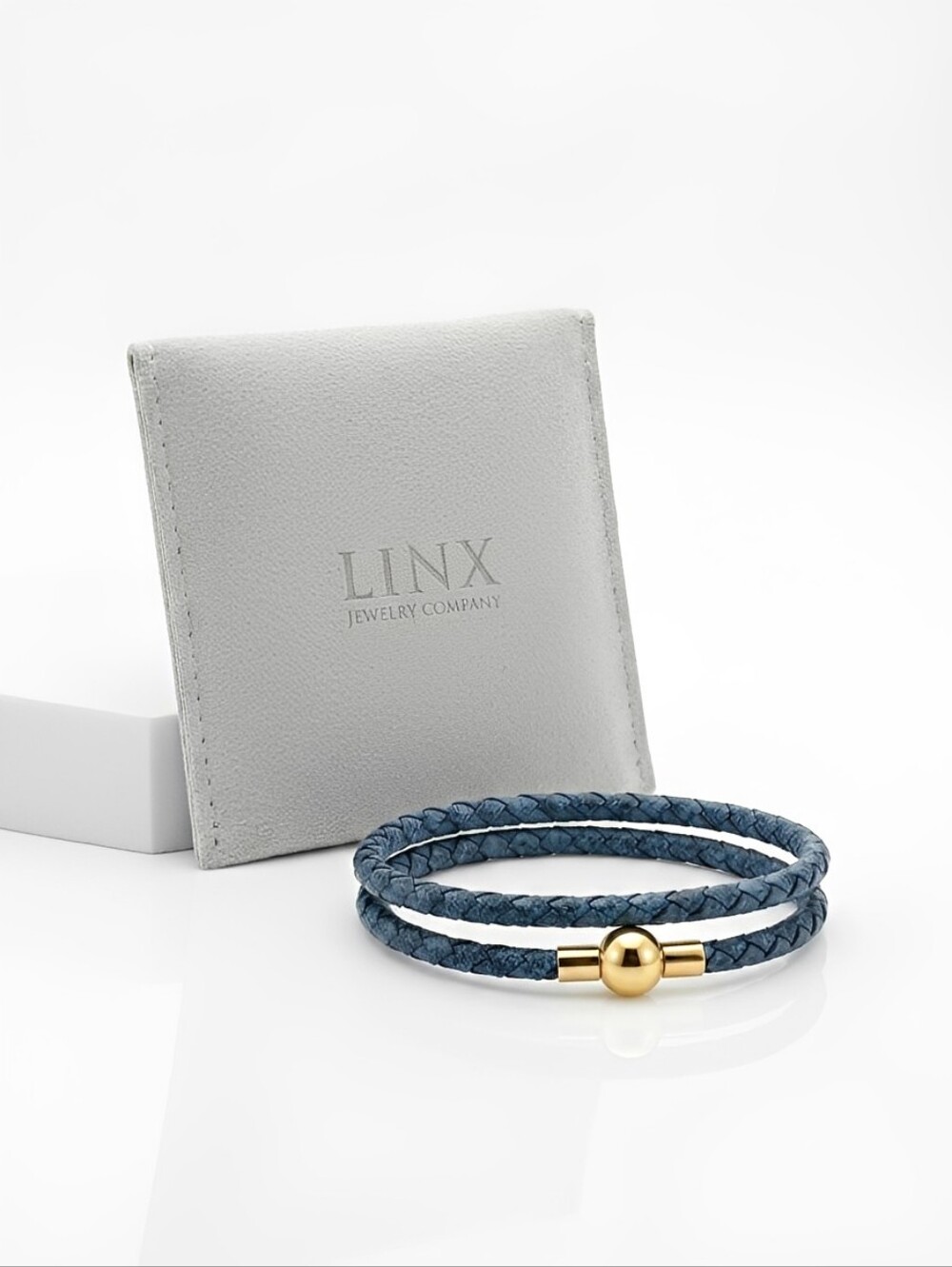 Linx Double Blue & Black Leather Braided Cord Bracelet with Gold Magnetic Clasp